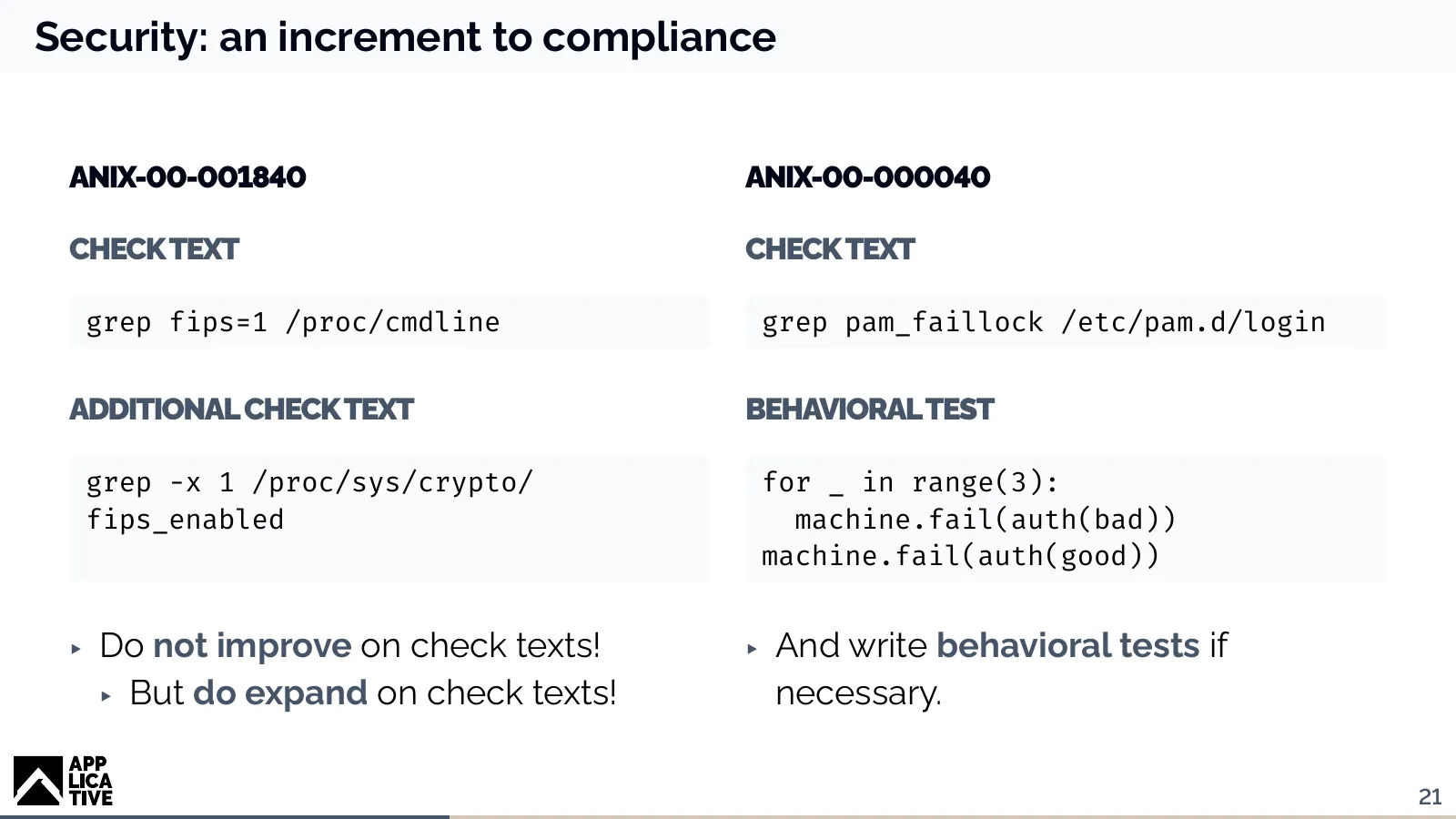 Slide comparing check texts from the STIG with an additional check and a behavioral test that fails three logins.